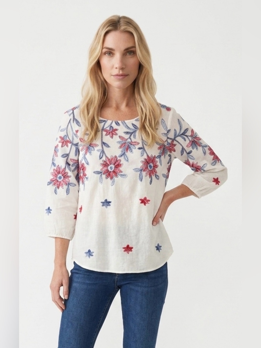 Kindred Anthropologie Embroidered Floral Boho Peasant 3/4 Sleeved Top